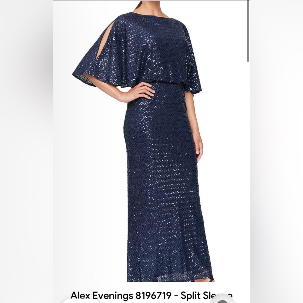 Alex Evenings Navy Sequin Cape-Overlay Maxi Gown-New-Size 6